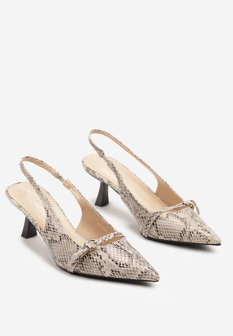 Beżowe Wężowe Lakierowane Sandały Slingback na Obcasie Kaczuszka Aovia