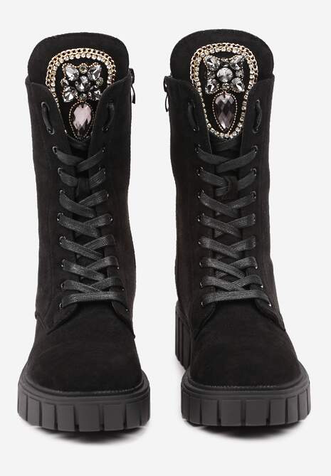 Czarne Sznurowane Botki w Stylu Workerów na Platformie z Tłoczeniem Ozdobione Cyrkoniami Ravetta