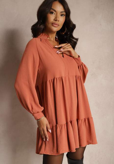 Pomarańczowa Rozkloszowana Sukienka Mini z Falbankami Atercja