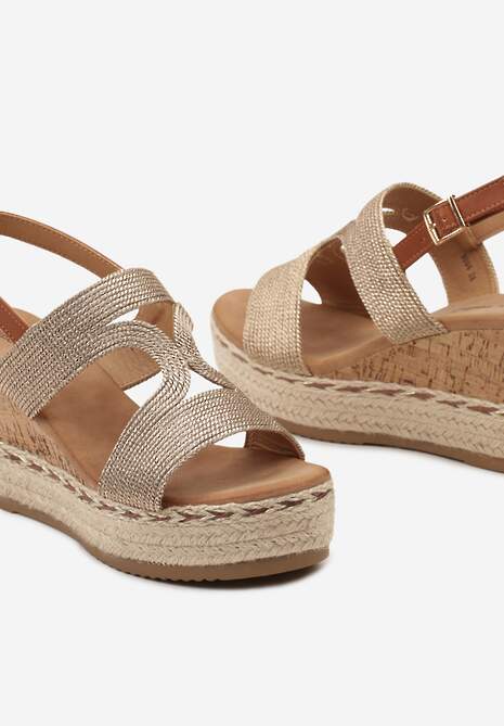 Szampańskie Sandały z Ozdobnym Paskiem na Koturnie Korkowym z Plecionką Dalarrna