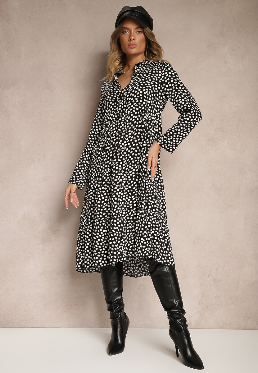 Czarno-Biała Bawełniana Sukienka Koszulowa w Kropki Wexnella