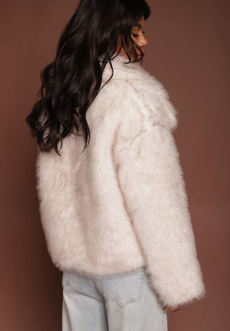 Jasnobeżowa Kurtka ze Sztucznego Futra Ozdobiona Kołnierzem Meriian