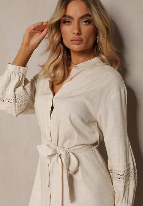 Beżowa Sukienka Koszula z Haftowanym Rękawem Wiązana w Pasie Passacalia