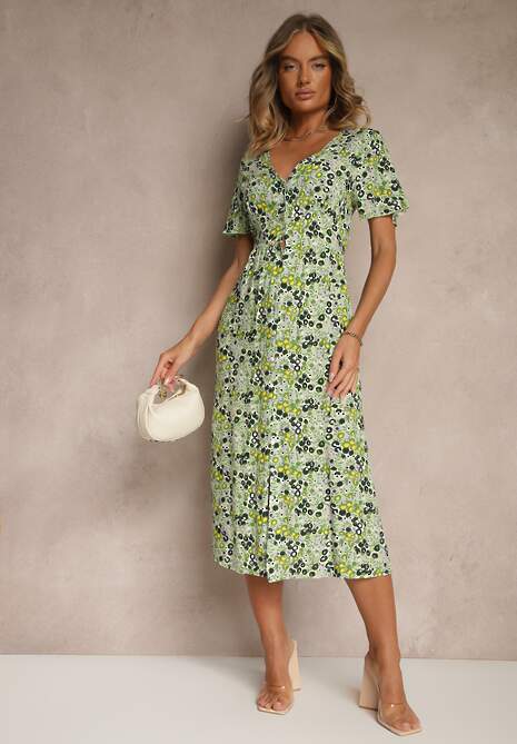 Zielona Wiskozowa Sukienka z Guzikami w Kwiecisty Wzór z Trójkątnym Dekoltem Neliafa