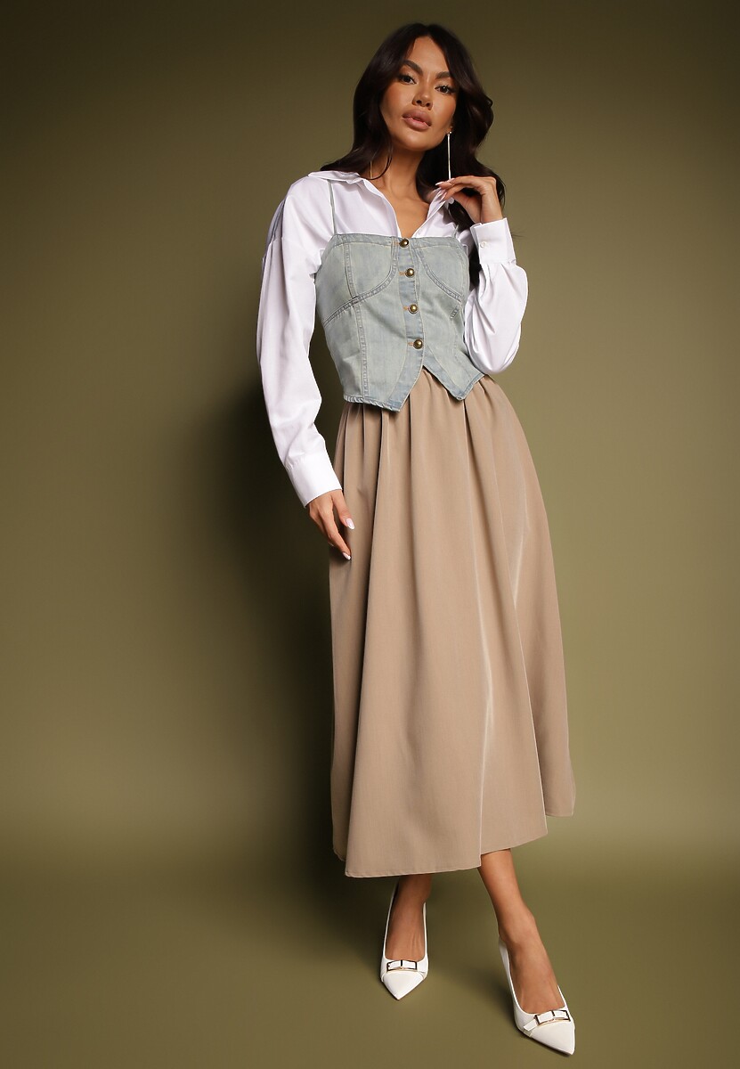 Beżowa Spódnica z Wiskozą o Rozkloszowanym Kroju Kenneira