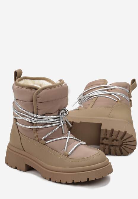 Ciemnobeżowe Pikowane Ocieplane Śniegowce na Grubej Podeszwie z Ozdobnym Wiązaniem Klimorsi