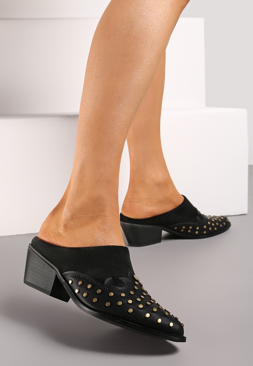 Brązowe Klapki Mule w Stylu Kowbojek na Niskim Stożku Ozdobione Nitami Nalkeda