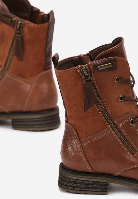 Brązowe Botki Sznurowane z Zamkiem Hiyab