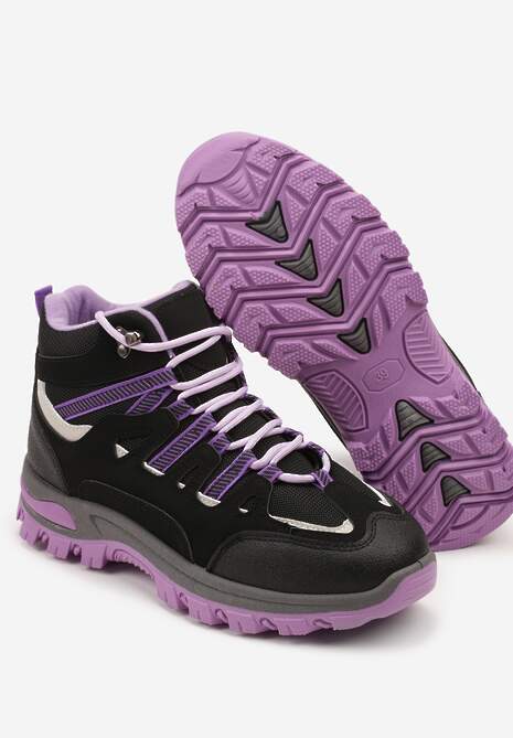 Czarno-Fioletowe Buty Trekkingowe Traperki Vices ze Sznurowaną Cholewką Afellie