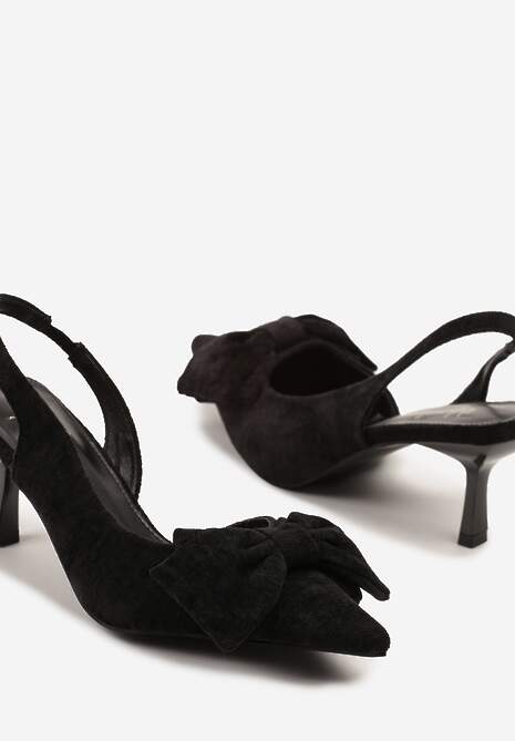 Czarne Sandały na Szpilce Slingback z Kokardą Sunaiel