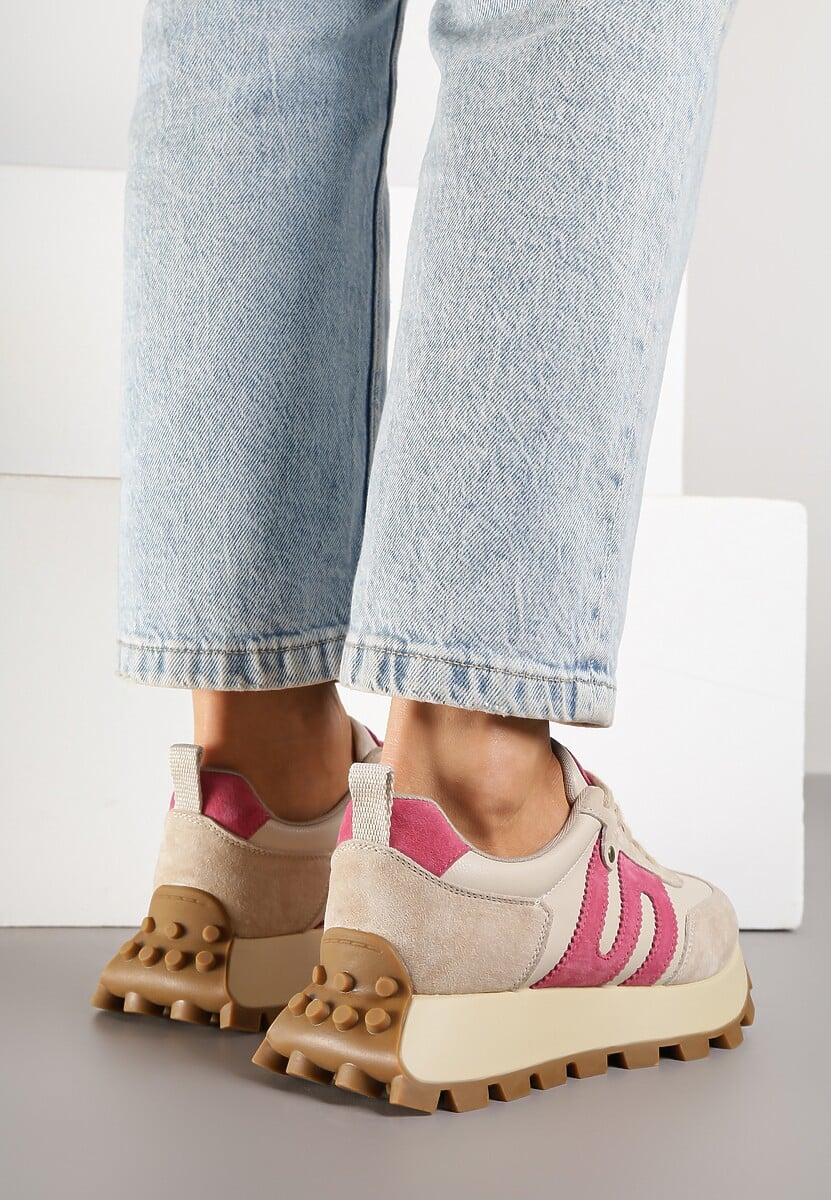 Beżowo-Fuksjowe Sneakersy ze Skóry Naturalnej Ozdobione Geometrycznym Wzorem Melassea