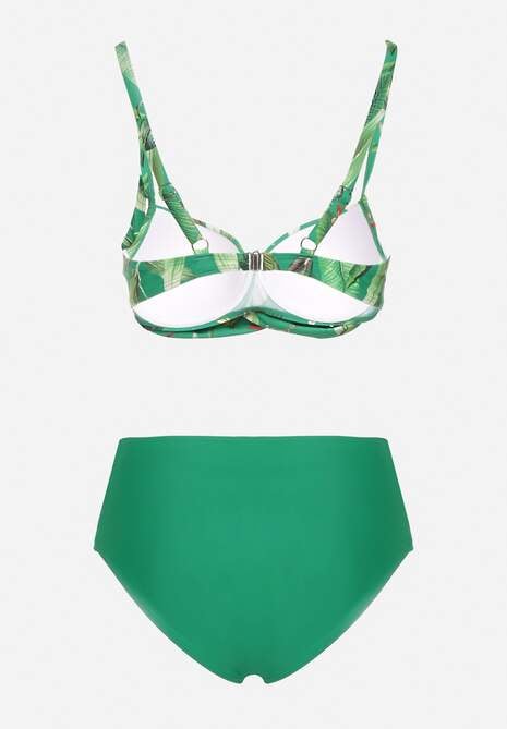 Zielone Bikini Biustonosz w Liście i Majtki Figi z Siateczkowymi Wstawkami Kinalea