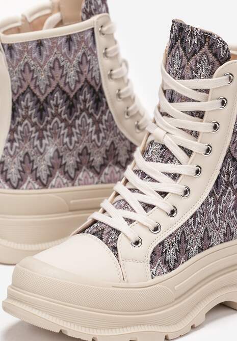 Beżowe Sznurowane Botki Ozdobnie Wyszywane na Płaskiej Podeszwie z Protektorem Faraine