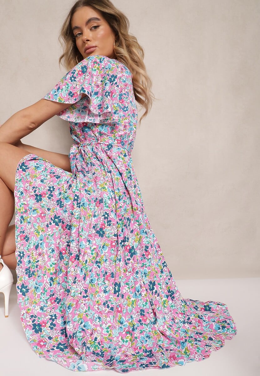 Różowa Sukienka z Plisami w Kwiecisty Print o Rozkloszowanym Kroju Lanelin