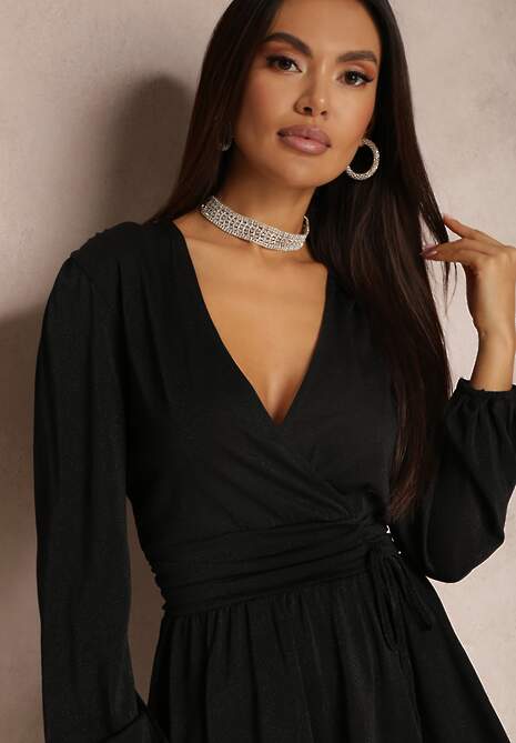 Czarna Sukienka Rozkloszowana z Metaliczną Nitką Necile