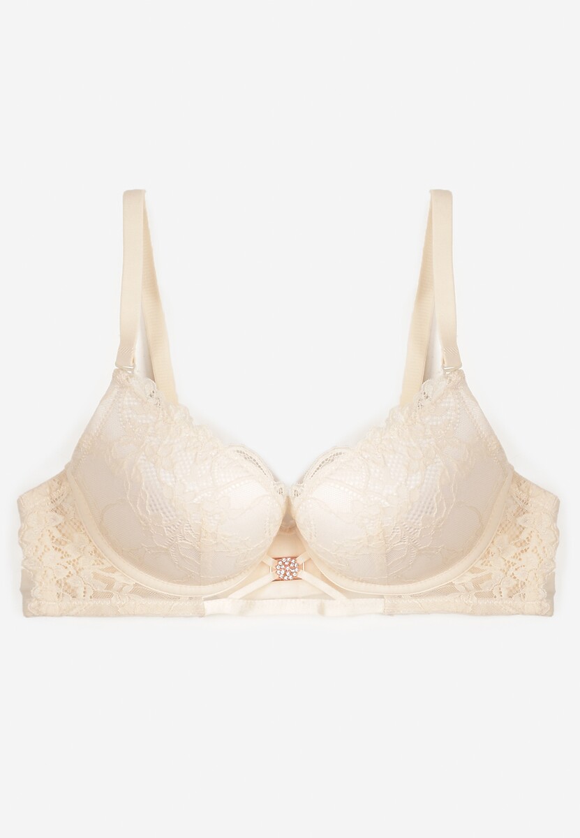 Beżowy Koronkowy Biustonosz Push-Up z Metaliczną Ozdobą Aclenne