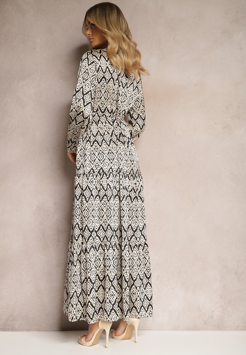 Czarno-Biała Casualowa Sukienka ze Sznurkiem w Pasie i Falbanką Carmarie