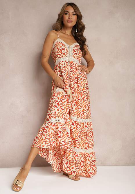 Pomarańczowa Sukienka z Bawełny na Ramiączkach z Gumką w Talii i Haftem Vikanda