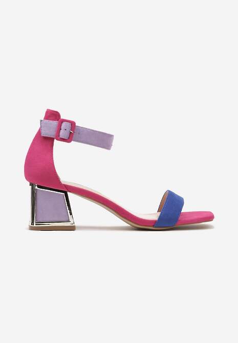 Niebiesko-Różowe Sandały z Metaliczną Wstawką na Słupku z Imitacji Zamszu Adlephia