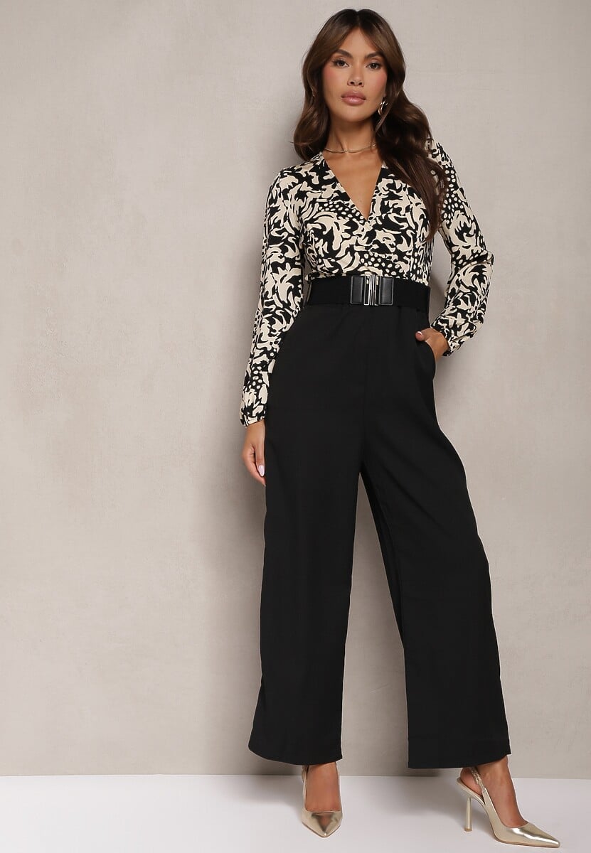 Zielono-Biały Kombinezon w Print z Paskiem i Szerokimi Nogawkami Stuvana