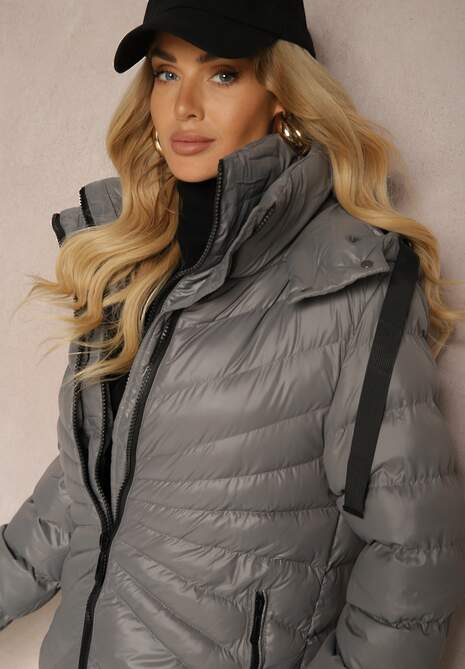 Ciemnoszara Zimowa Kurtka z Ukośnym Pikowaniem i Nieodpinanym Kapturem Siaritha