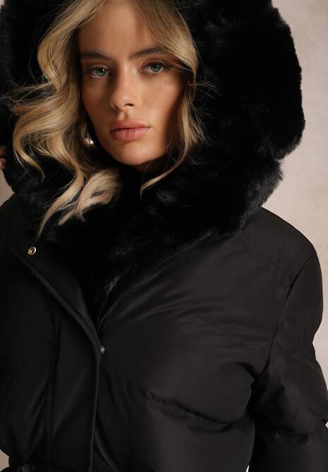 Czarna Pikowana Kurtka z Futerkiem i Kapturem Merlara