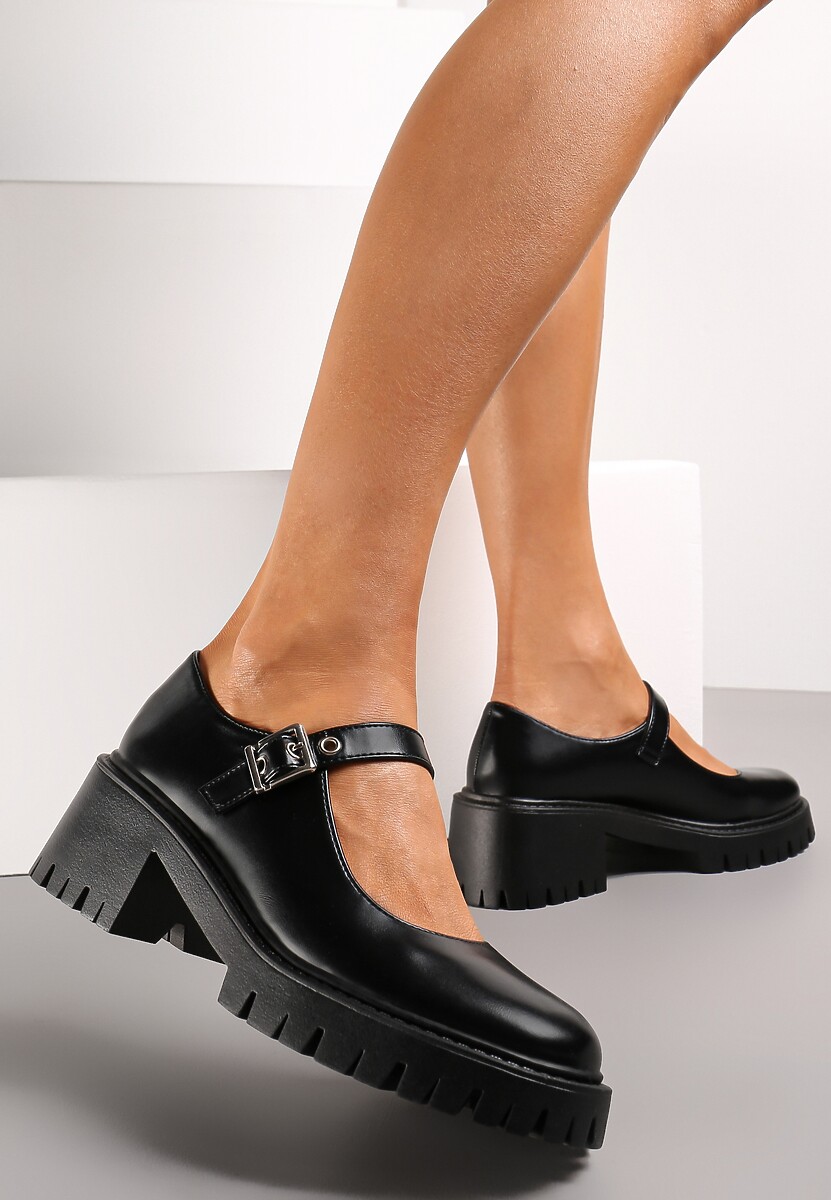 Czarne Półbuty z Ozdobnym Paskiem na Niskim Słupku Esmera