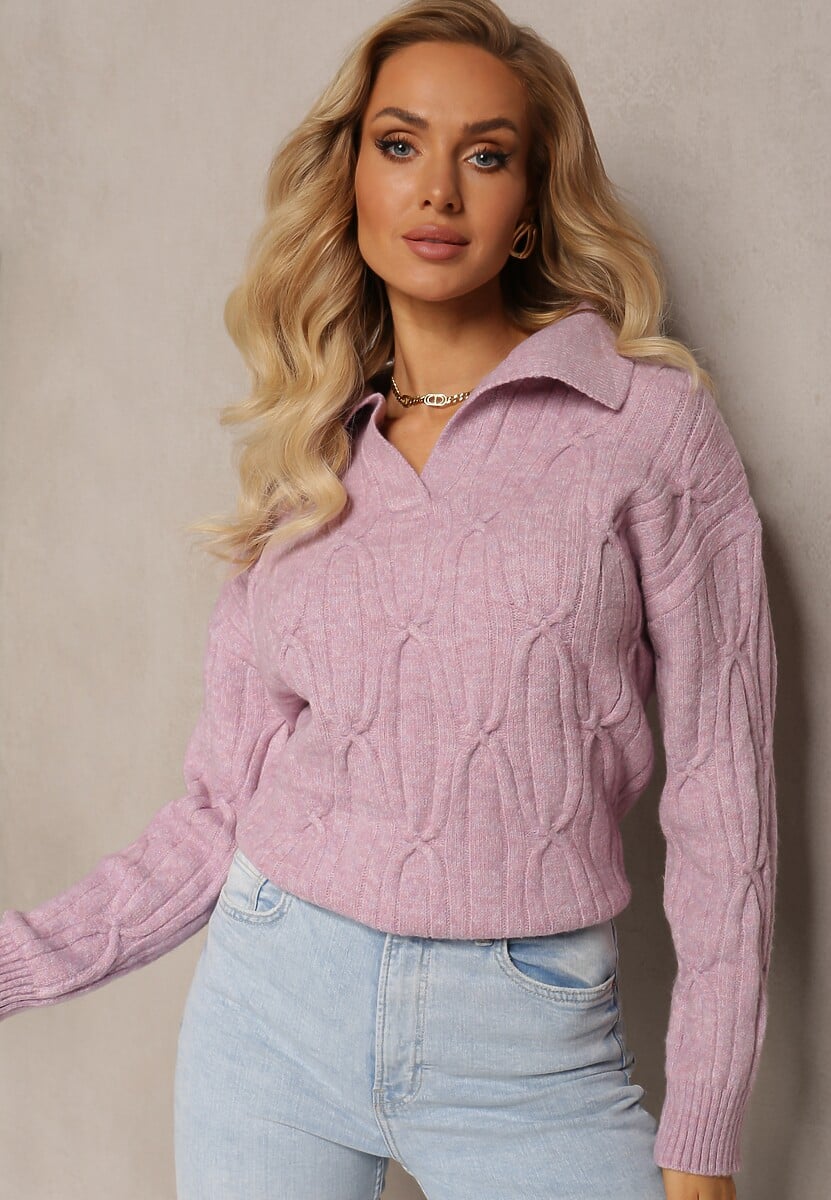 Fioletowy Sweter z Dekoltem w Serek i Ozdobnym Splotem Travissa