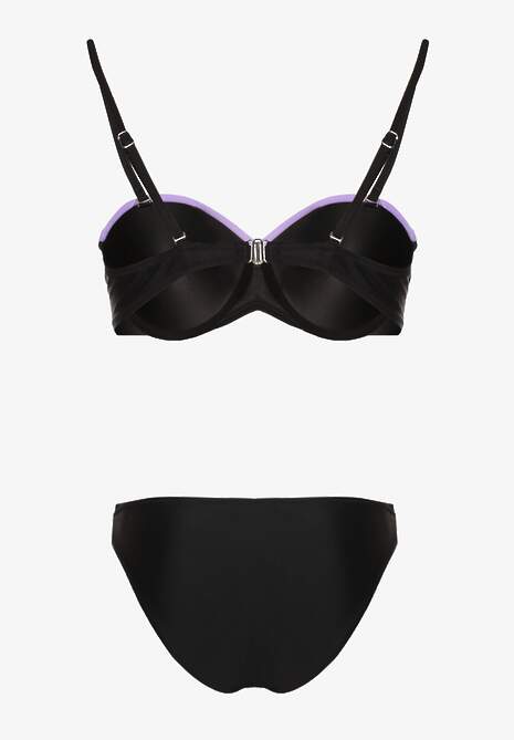 Fioletowo-Czarne Bikini z Metaliczną Nicią Usztywniany Biustonosz i Figi Mitelle