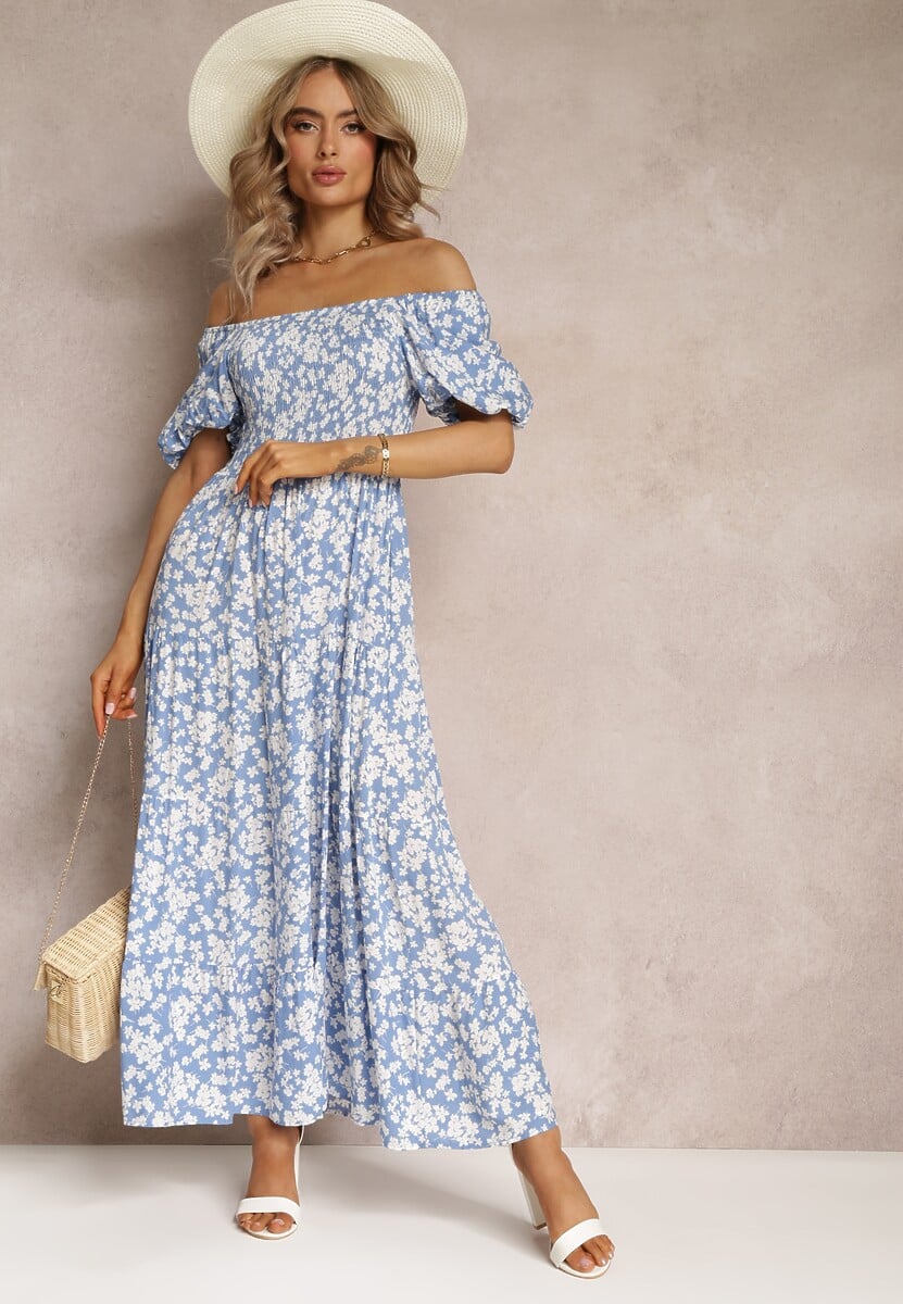 Niebieska Trapezowa Sukienka Bawełniana w Kwiaty Cresenia