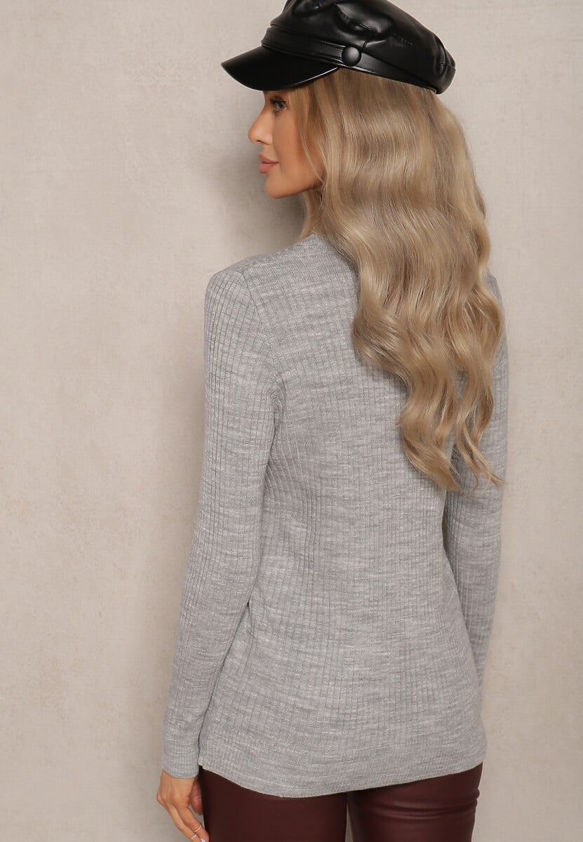 Szary Casualowy Sweter z Prążkowanego Materiału Zintra