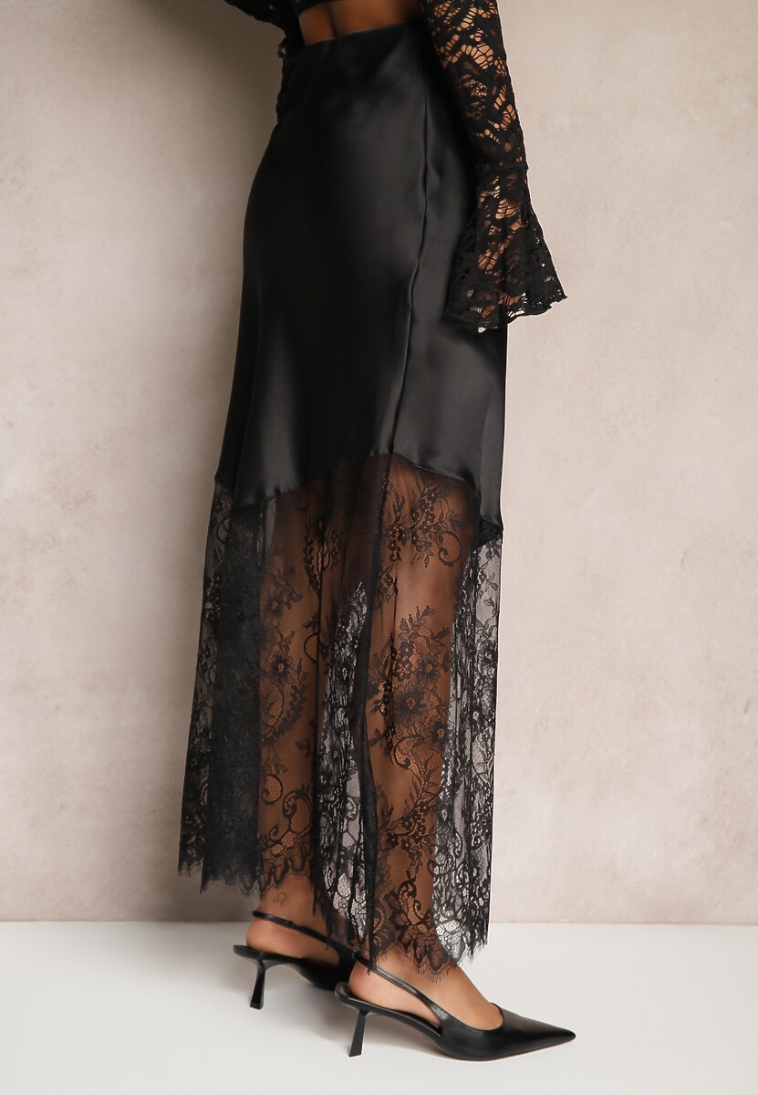 Czarna Koktajlowa Spódnica z Satyny z Koronką Avelori