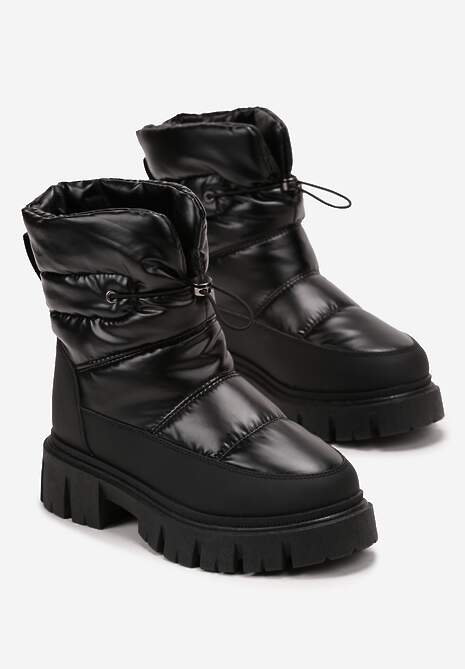 Czarne Śniegowce na Niskiej Platformie z Ozdobnym Pikowaniem i Ściągaczem Raballa