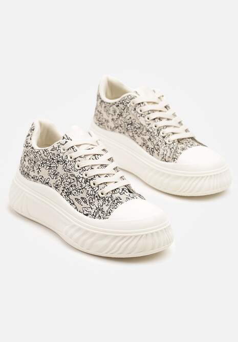 Beżowo-Czarne Trampki na Platformie z Tłoczeniem Ozdobione Abstrakcyjnym Wzorem Desanovia