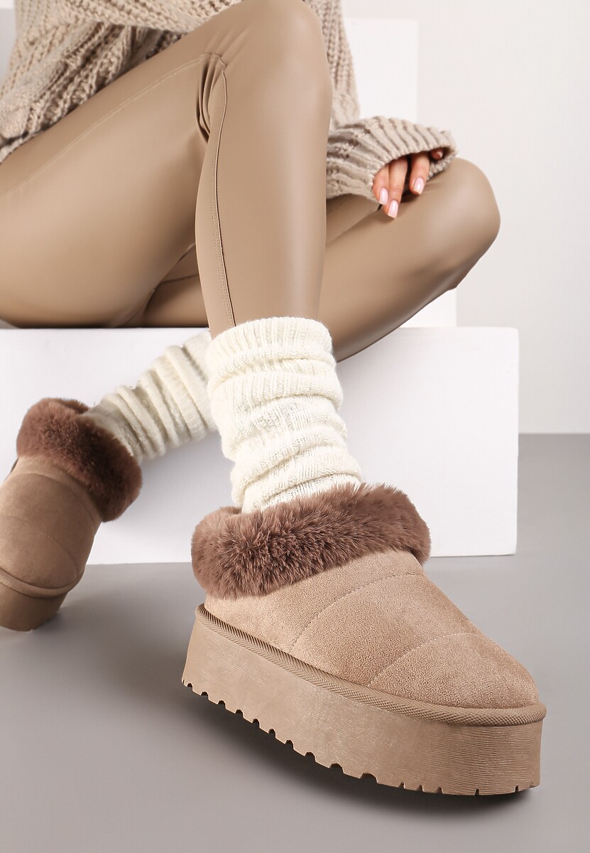 Ciemnobeżowe Śniegowce na Grubej Podeszwie z Ociepleniem z Futerka Tirisha