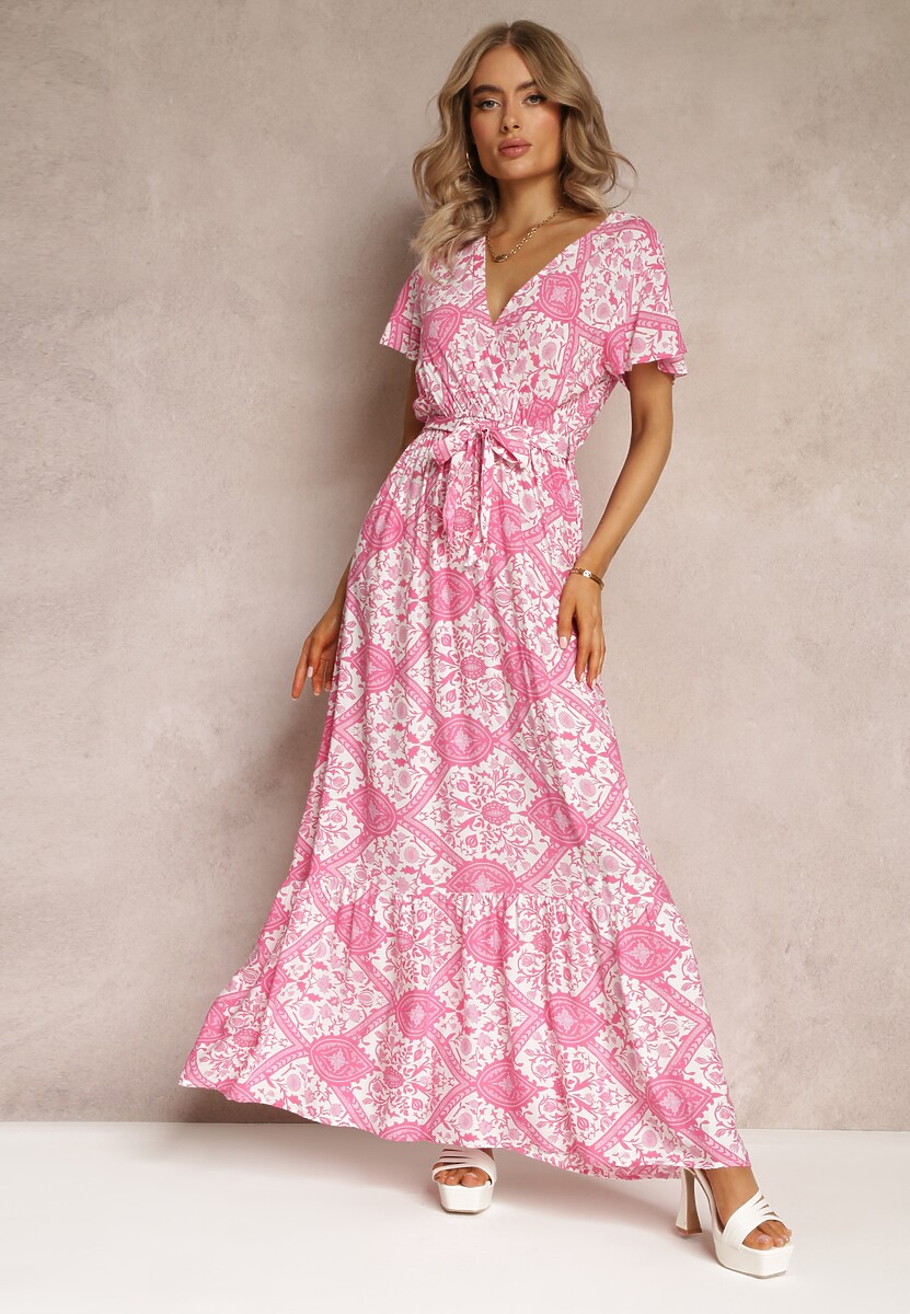 Fuksjowa Rozkloszowana Sukienka z Kopertowym Dekoltem i Wiązanym Paskiem Brynis