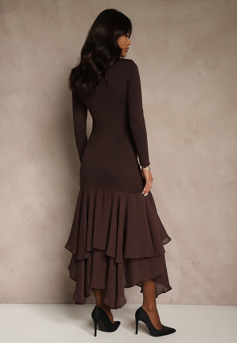 Brązowa Dopasowana Sukienka z Wiskozą Zdobiona Falbankami u Dołu Setra