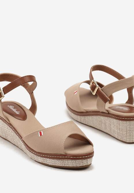 Ciemnobeżowe Casualowe Sandały Espadryle na Koturnie z Plecionką Zapinane Wokół Kostki Persephia