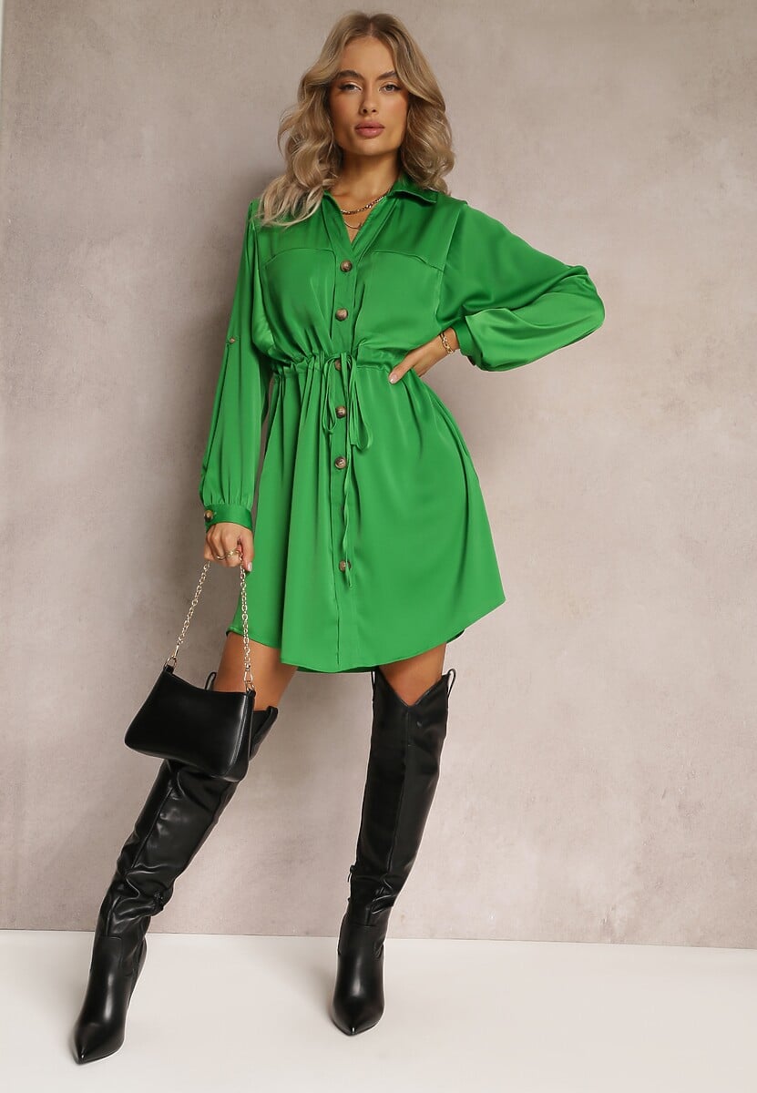 Zielona Sukienka Mini z Kołnierzem i Ściągaczem w Pasie Minal