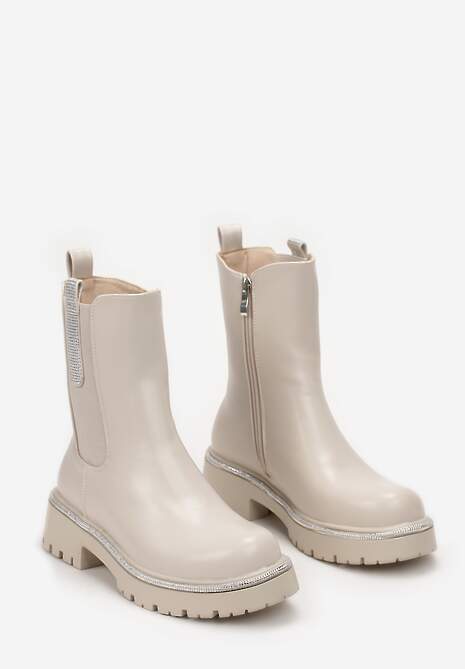 Beżowe Botki Sztyblety w Cyrkonie Caterissa