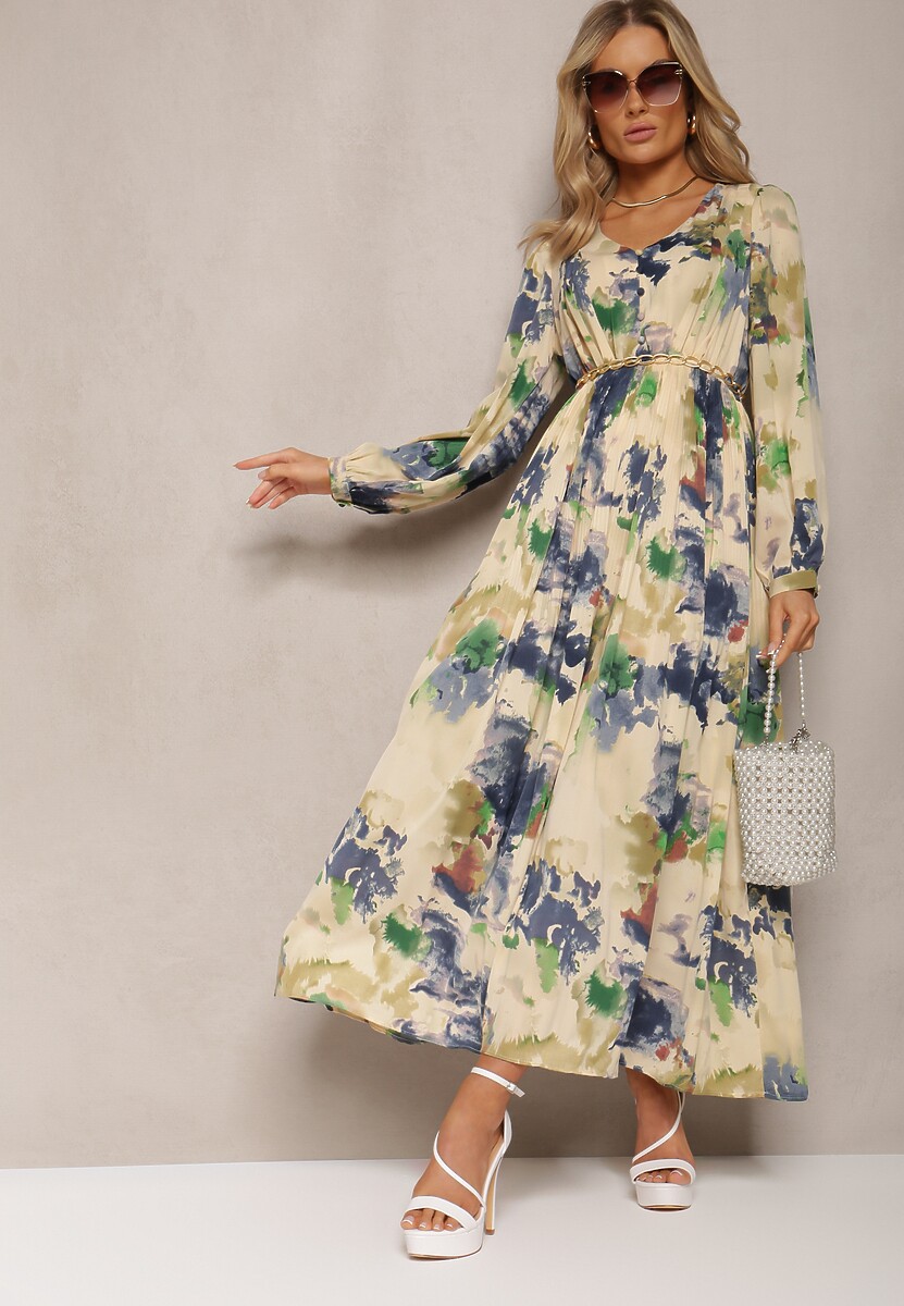 Beżowo-Granatowa Rozkloszowana Sukienka Maxi w Abstrakcyjny Wzór z Guzikami Tiritta