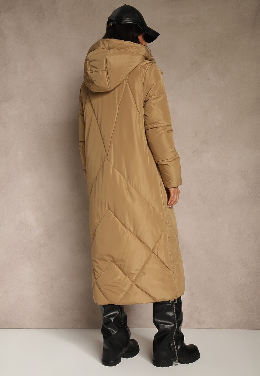 Ciemnobeżowa Pudełkowa Kurtka o Długim Kroju z Pikowanymi Przeszyciami Kapturem i Kieszeniami Calatta