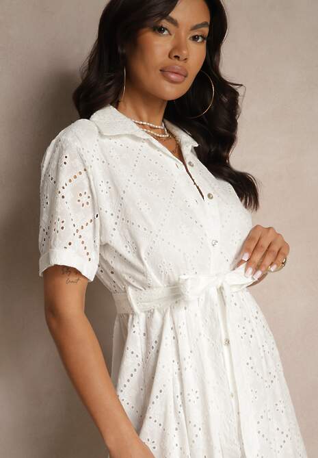 Biała Koszulowa Sukienka z Wiązanym Paskiem z Bawełnianej Tkaniny z Haftem Efrilea