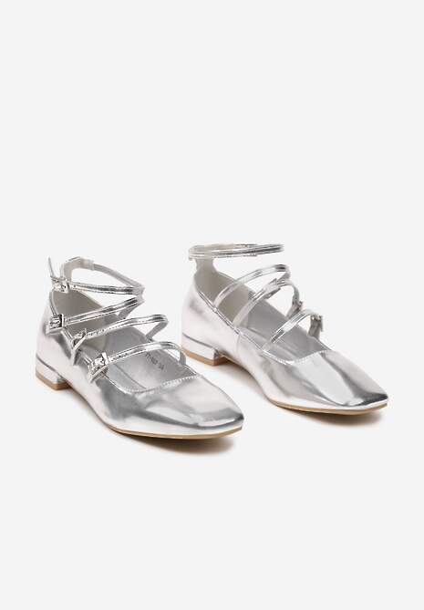 Srebrne Balerinki z Paskami Zapinanymi na Sprzączki Prundia