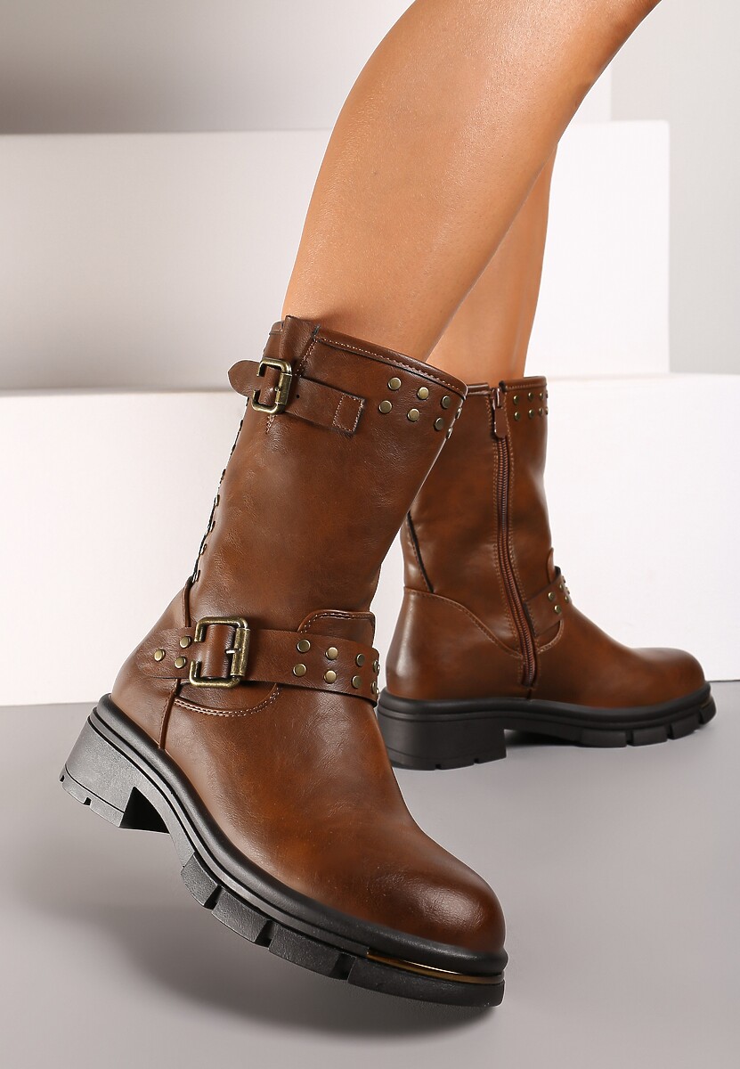 Brązowe Motocyklowe Botki Ozdobione Nitami i Klamrami przy Cholewce Ezirra