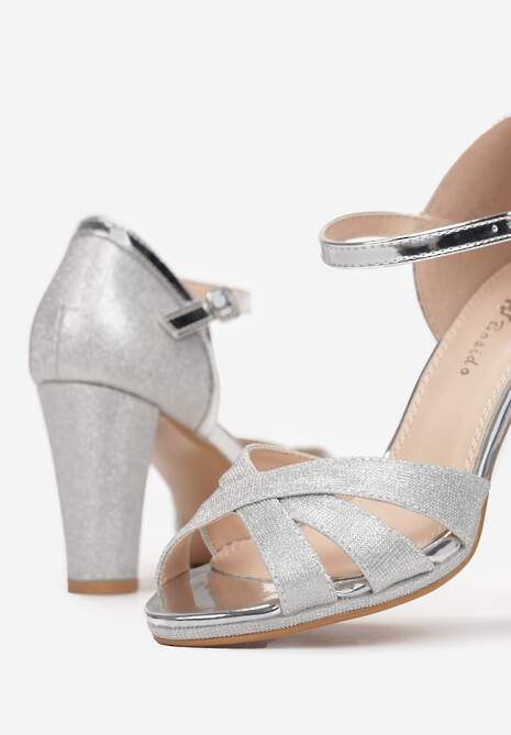 Srebrne Brokatowe Sandały na Słupku Diocia