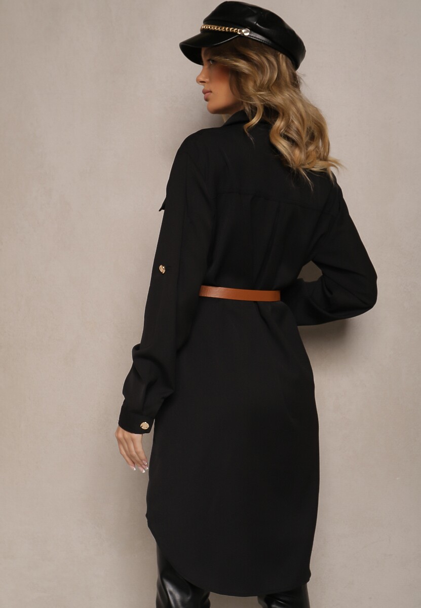 Czarna Koszulowa Sukienka Ozdobiona Paskiem i Rękawem z Regulacją Esaviona