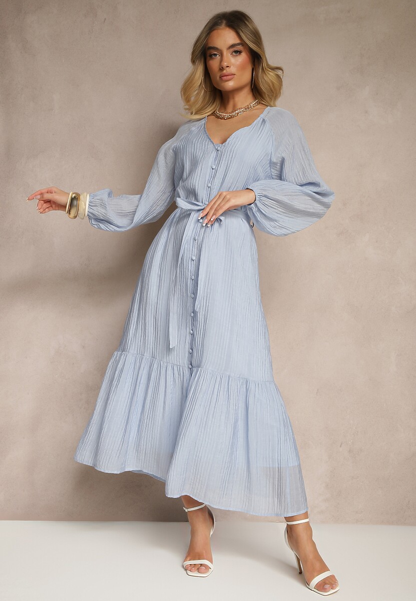 Niebieska Sukienka z Wiskozy Taliowana z Rozkloszowanym Dołem o Koszulowym Kroju Emlio