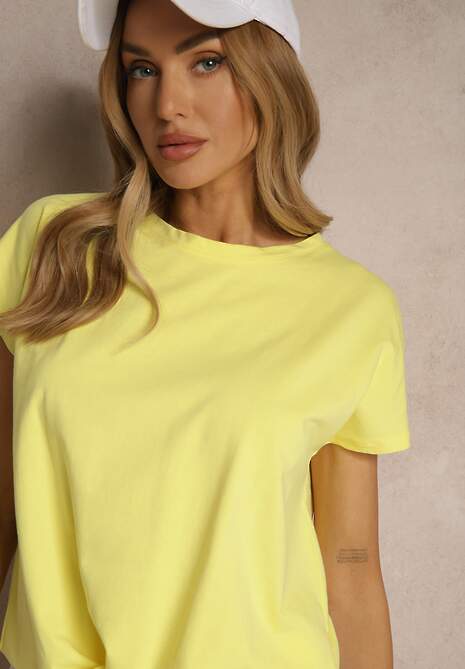 Żółty Bawełniany T-shirt Wiązany u Dołu Sunalina