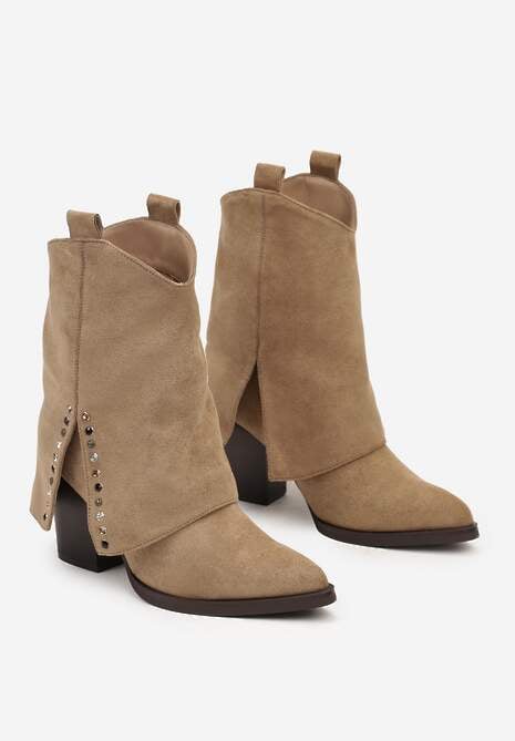Ciemnobeżowe Botki na Stożkowym Obcasie z Wywiniętą Cholewką i Cyrkoniami Movene